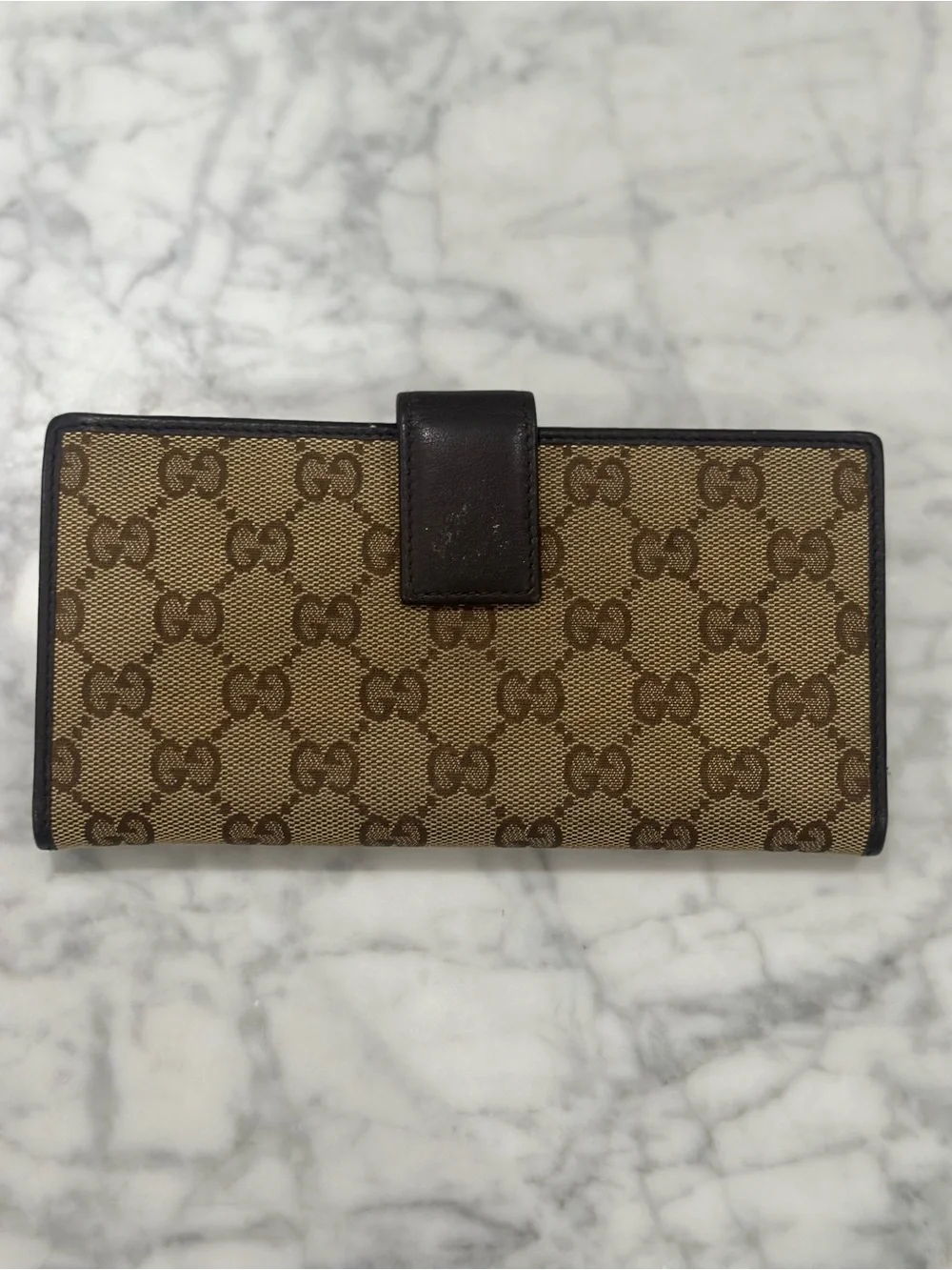 Gucci Brown Monogram Trifold Card Holder with Gold Accent